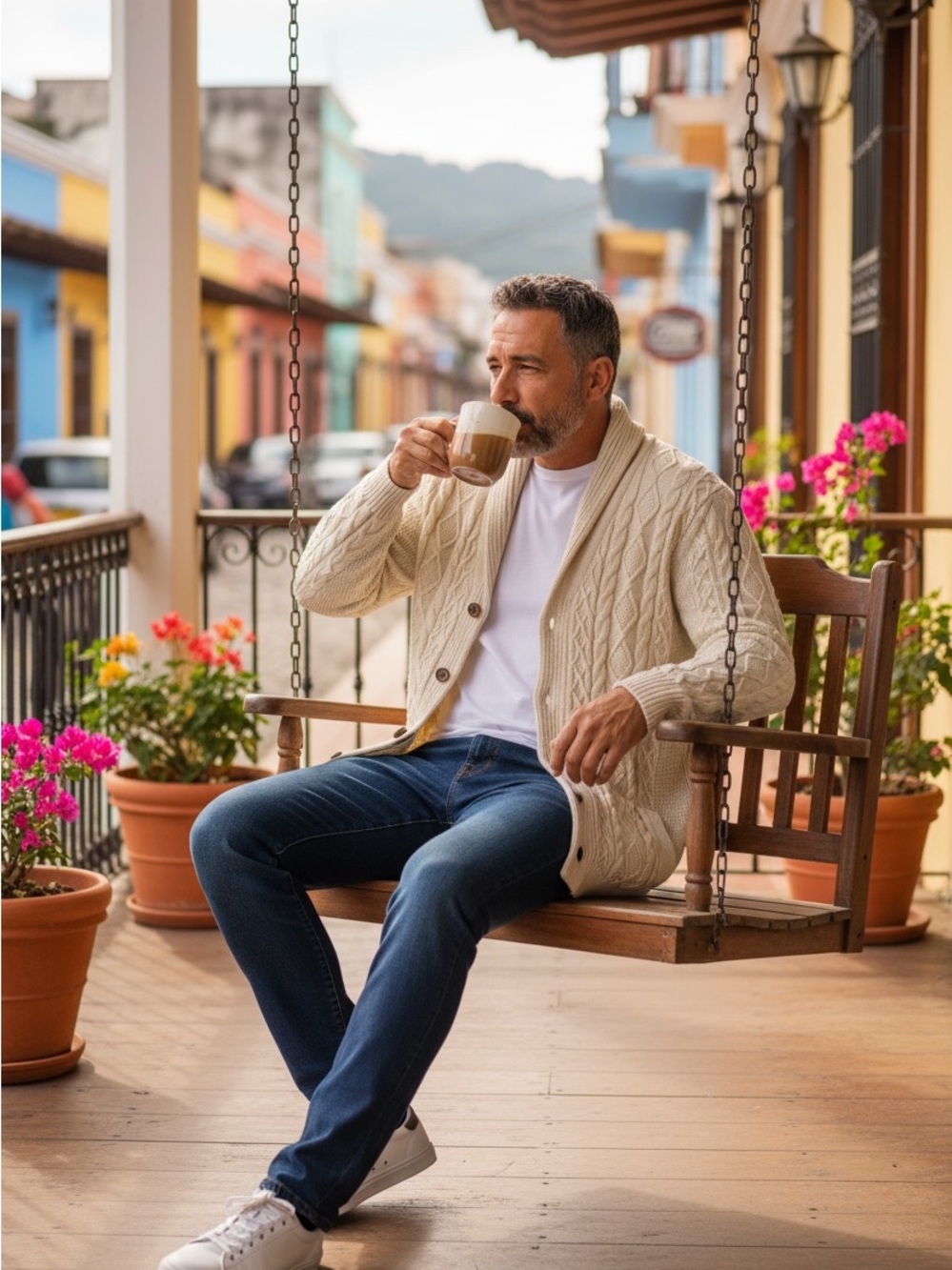 Lands' End Men's Cream Cable Shawl-Collar Cardigan